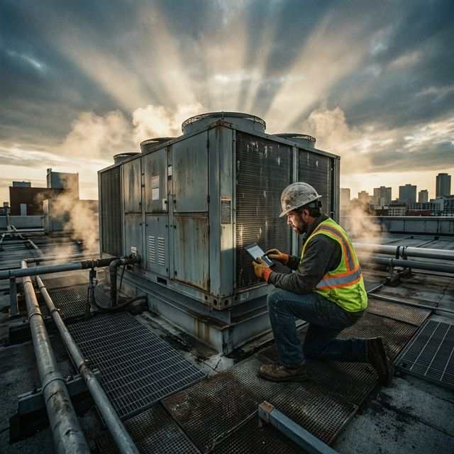 Técnico diagnosticando falla en sistema de aire acondicionado comercial en Chihuahua
